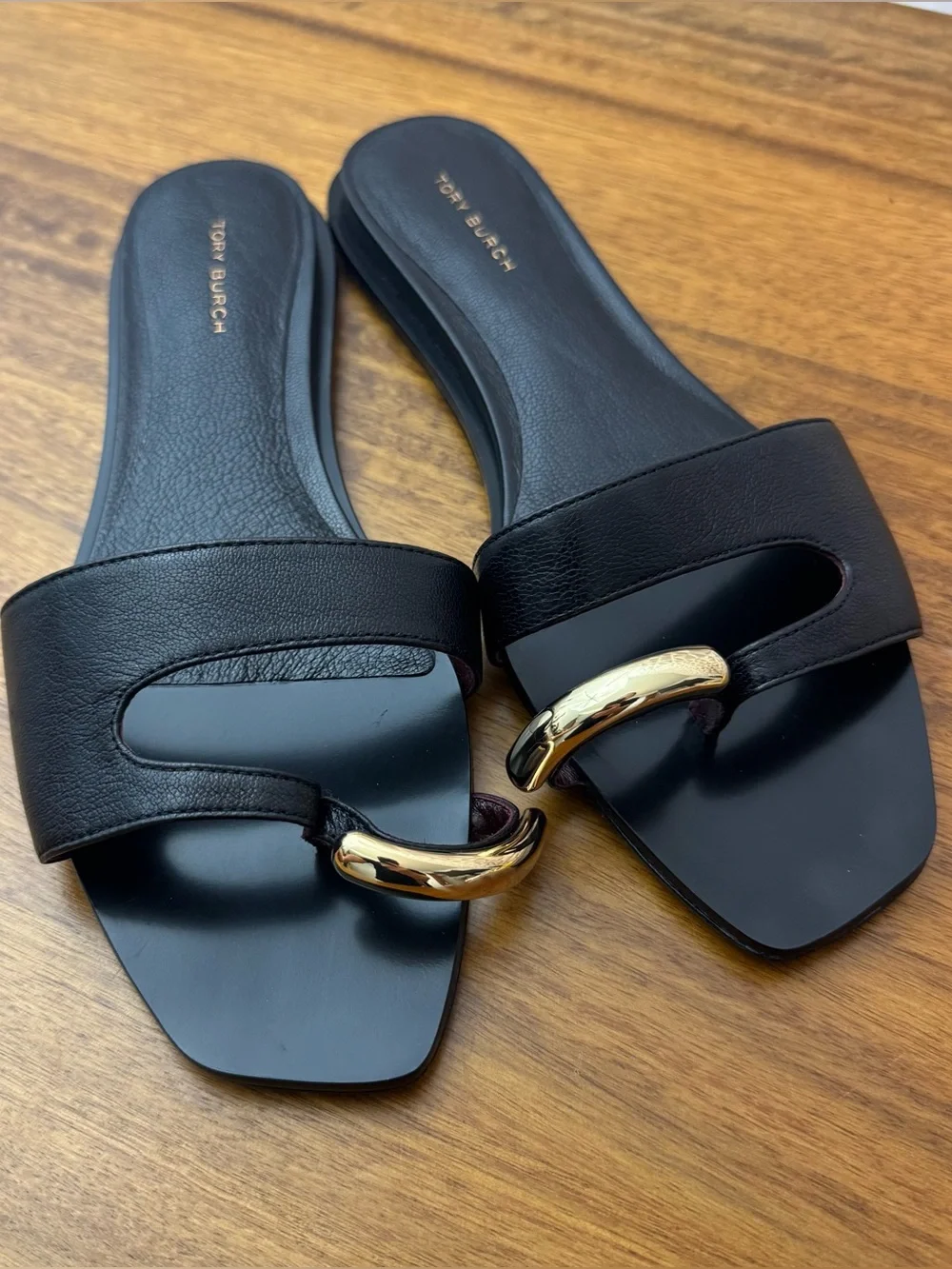 Tory Burch PIERCED SLIDE Black Leather  Sandals with Gold Accent Size 8 NWOT!!